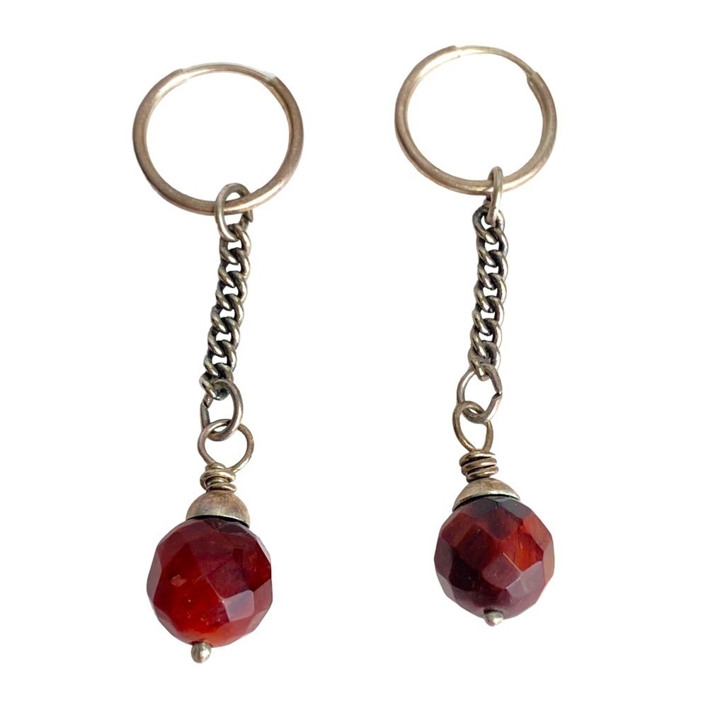 Vintage Sterling‎ Silver Chain Drop Earrings Faceted Garnet Glass Beads Handmade